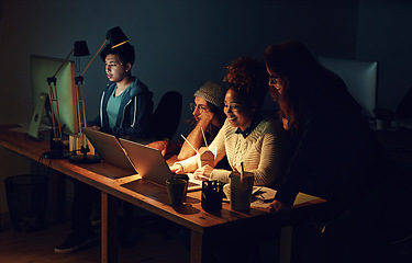 Image showing Coworking office, computer reading and team review web design, cloud computing software or app UI system. Website SEO teamwork, media analytics dashboard and face of night people work on UX interface