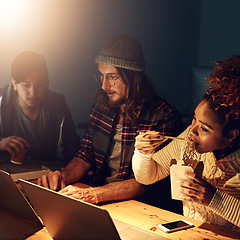 Image showing Office, food and night with laptop collaboration on web search for college research, learning digital database or IT project. Noodles, school education study and students review data analysis code