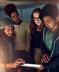 Image showing Teamwork collaboration, tablet and night students work on university app database, problem solving or IT college research. Education learning, school study and diversity people review online software