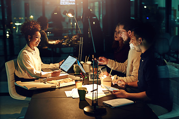 Image showing Business people, planning and working at night for project deadline, strategy or corporate data at office. Group of employee workers busy on overtime or late evening together for company statistics