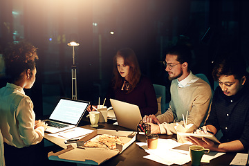 Image showing Business people, laptop and mockup screen at night for team planning, project deadline or strategy at office. Group of employee workers busy working overtime or late evening together on computer