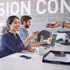 Image showing Woman in office teamwork giving documents for business proposal, startup mission and career workflow management. Collaboration, planning and paperwork of administration people or manager in workspace