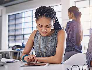 Image showing Office tablet, black woman typing and working on advertising data analysis, social media statistics or customer experience insight. Brand monitoring software, ui research or girl review web analytics