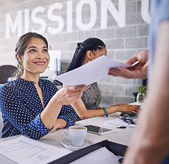 Image showing Happy woman in office giving documents for business proposal, startup mission and career workflow management. Teamwork, planning and paperwork of administration woman or person in coworking workspace
