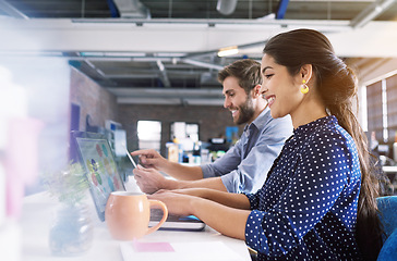 Image showing Coworking, office and woman at desk with laptop, smile and man at creative agency, working on project together. Collaboration, partnership and happy employees or business partner at design startup.