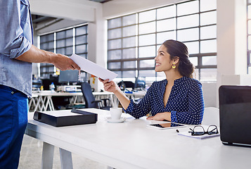 Image showing People in office giving documents for business coworking, startup planning and career workflow management. Project proposal, job application and paperwork of administration woman or person with smile