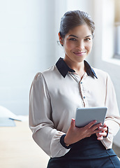 Image showing Business woman, tablet and smile in portrait with analytics, internet research and strategy for career. Young executive, touchscreen and brainstorming for idea or web management in office workplace