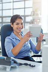 Image showing Business tablet, office portrait or happy woman with financial savings, finance budget or accounting review. Database, trading statistics or administration accountant working on stock market data