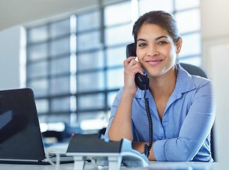 Image showing Phone call communication, office portrait and woman talking to business investment, agent or investment contact. Receptionist conversation, company secretary or consultant consulting on telephone