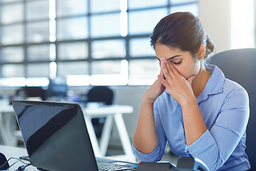 Image showing Business woman, job stress and headache of a office worker feeling fatigue from tax project. Audit anxiety, online work and burnout of a Indian female working on a laptop with a 404 problem from web