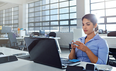 Image showing Serious, office laptop or woman reading financial savings, digital finance budget or accounting review. Administration database, tea drink or accountant thinking of data of feedback statistics