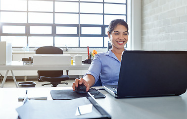 Image showing Business laptop, happy and person working on web ecommerce feedback, stock market database or finance investment. Forex account manager, online data analysis and woman trading NFT, bitcoin or crypto