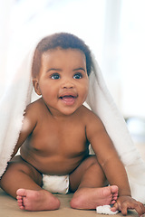 Image showing Cute baby, black girl and blanket to play, game and peekaboo in nursery room, happiness and fun. Happy young infant child, kids and smile for healthy development, growth and laughing face in house