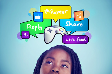 Image showing Boy gamer, speech bubble or gaming app icons for social media, online networking or digital communication. Thinking, controller or emojis graphic with sharing or like sign on video games technology