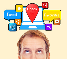 Image showing Man, laptop or app icons in studio for online networking, computer data or digital communications. Website blog, IoT or social media graphic with music, location or share sign for video technology