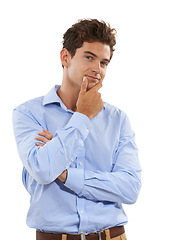 Image showing Thinking, portrait and businessman wondering a decision and contemplating isolated in a studio white background. Young, handsome and professional male entrepreneur with a serious question