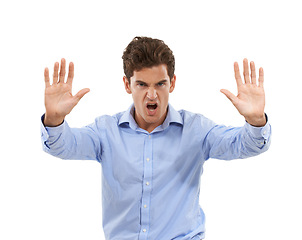 Image showing Business man, hands and stop sign portrait angry, frustrated and shouting for warning. Model person isolated on a white background with hand emoji for conflict, discrimination or equality fight