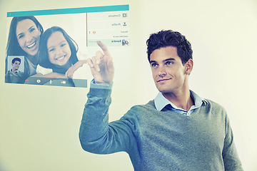 Image showing Future, man or hologram for chat, connection or digital discussion with social media, text or interface. Futuristic, male and family on video call, holographic and isolated on white studio background