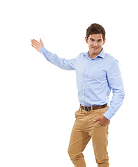 Image showing Presenting, mockup and smile with portrait of man for direction, product placement or recommendation. Happy, natural and gesture with guy isolated on white background studio for empty, space or blank