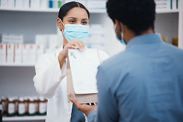 Image showing Pharmacy package, face mask and woman with customer with pills prescription, medical supplements and medicine. Healthcare, covid and pharmacist with man with shopping product, drugs or medication