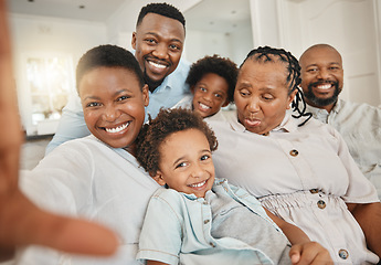 Image showing Black family, selfie and living room sofa with a mother, children and grandma together. Love, portrait and bonding of a mom, father and kids with senior woman in a house with a smile on a couch