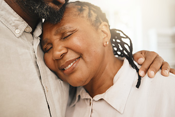 Image showing Love, senior couple and hug with retirement, quality time and happiness for anniversary, relax and care. Romance, black woman and mature man embrace, smile or relationship with care, happy or support