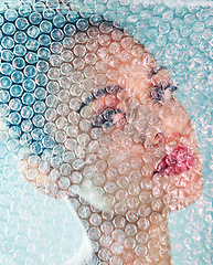 Image showing Beauty, bubble wrap and makeup with portrait of black woman for package, creative and cosmetics. Plastic, confidence and glow with girl model and red lipstick for facial, art and glow in studio