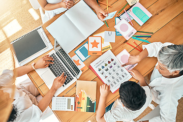 Image showing Education, learning and family together with homework, academic material and children study, people and table top view. Grandparents helping kids, learn while mother working on laptop and development