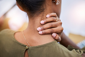 Image showing Neck pain, stress and back of woman with injury, joint inflammation or arthritis risk. Healthcare, stress and girl massage muscles for relief from strain, muscular nerve tension and body ache problem