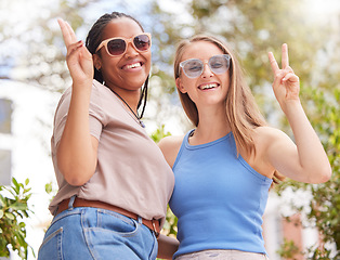 Image showing Friendship, diversity and portrait of women peace sign, sunglasses and smile in garden together. Freedom, fun and happy face of real friends embrace with hand gesture in crazy summer holiday picture.