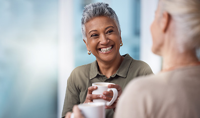Image showing Mockup, senior women and coffee with friends, reunion and happiness with achievement, relax and conversation. Mature females, ladies and tea with discussion, smile and catch up on break and talking