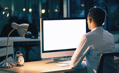 Image showing Night business, man and computer mockup for planning, web design and research screen. Back of worker, mock up and desktop technology for overtime on internet, innovation or digital branding strategy