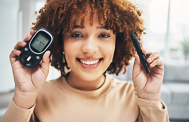 Image showing Diabetes, blood test and portrait of black woman in living room for glucose levels, medical and technology. Digital, healthcare and monitor with girl patient at home for medicine, machine and check