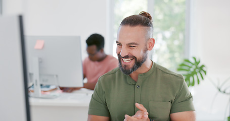 Image showing Computer, success and applause of business man celebrating goals, targets or office achievements. Winner, yes victory and male employee clapping to celebrate winning on stock market, bonus or reward