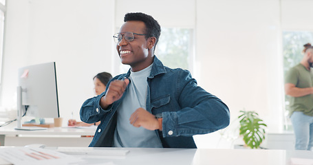 Image showing Dance, success and happy black man at work to celebrate a win, achievement and bonus. Smile, cheerful and African employee dancing for business celebration, excited and happiness at a workspace