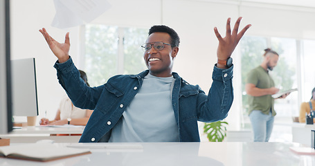 Image showing Celebration, dance and black man throw paper in office to celebrate goals, targets or achievement. Winner, documents in air and happy male employee dancing, celebrating business success and victory.