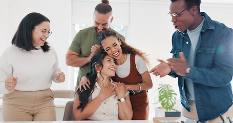 Image showing Goals, applause or happy woman with success in celebration of digital marketing sales target or deal. Girl winner, wow or excited worker smiles with pride to celebrate winning online at office desk