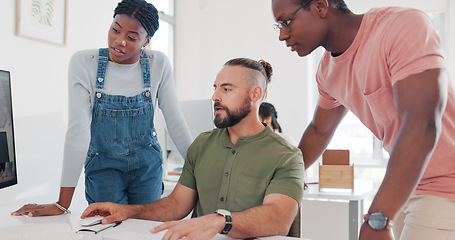 Image showing Training, coaching and business people with computer in office for helping coworker with project. Teamwork, collaboration or group of employees on pc teaching man with question, talking and mentoring