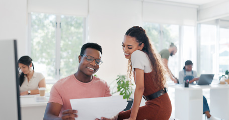 Image showing Flirtatious, laughing and business people planning with paper, communication and strategy at work. Collaboration, happy and employees talking about ideas, project and reading a document together