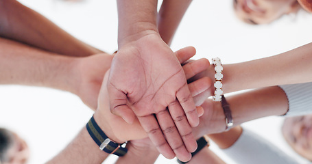 Image showing Solidarity, bottom and hands of business people for team building, success and motivation. Support, teamwork and employees in collaboration for a work goal, faith mission and agreement from below