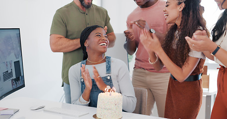 Image showing Birthday, celebration and team or office people for love, congratulations and success for creative, fun work culture. Announcement, clapping and celebrate employees or black woman promotion with cake
