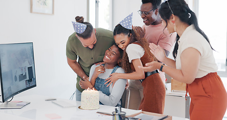 Image showing Birthday, celebration and team or office people for love, congratulations and success for creative, fun work culture. Announcement, clapping and celebrate employees or black woman promotion with cake