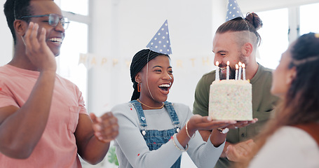 Image showing Happy birthday, celebration and business people excited, party and wow for success at creative meeting. Announcement, surprise and celebrate of team, employees or black woman promotion with a cake