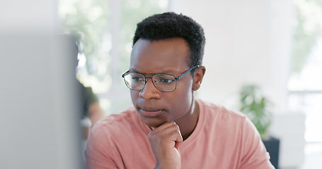 Image showing Thinking, idea or black man computer solution for 404 programming glitch or erp coding error. Information technology, developer or programmer repair cloud computing code or cyber security software