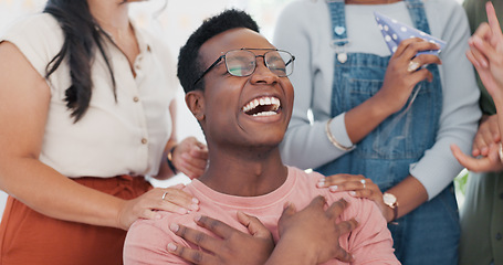 Image showing Applause, winner and motivation with a business black man in the office with his team for celebration. Surprise, laugh and comgratulations for a male employee from his work friends or colleague group