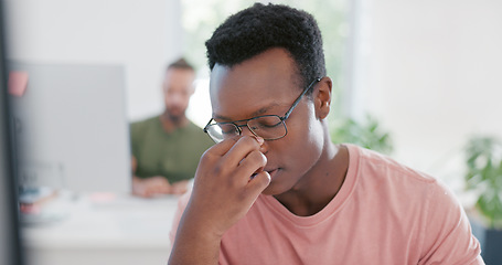 Image showing Stress, anxiety and mental health with a business black man removing his glasses while suffering from a headache at work. Burnout, frustration and migraine with a male employee working in his office