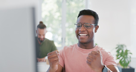 Image showing Computer, celebration and excited black man happy for ERP software, cyber security system or coding success. Information technology, ai developer or programmer cheer for code programming achievement