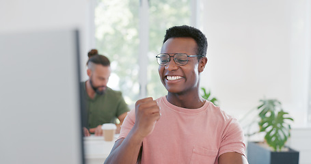 Image showing Computer, celebration and excited black man happy for ERP software, cyber security system or coding success. Information technology, ai developer or programmer cheer for code programming achievement