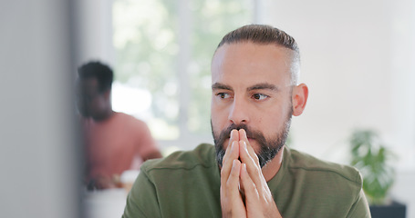 Image showing Computer, thinking or business man hope for finance profit, stock market growth or investment success. Economy, online stock exchange or startup trader wait for bitcoin, forex or NFT trading feedback