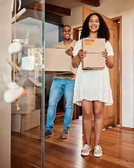 Image showing Happiness, moving boxes and black couple portrait in a new home, property and real estate. Happy, smile and cardboard shipping box of young people in a living room with packing and relocation